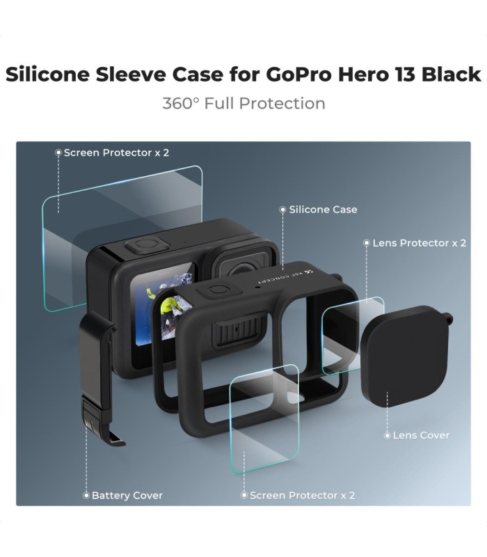 کیت کاور سیلیکونی و محافظ صفحه‌نمایش کی اند اف سازگار با گوپرو ۱۳ | K&F GOPRO 13 Camera Silicone Case