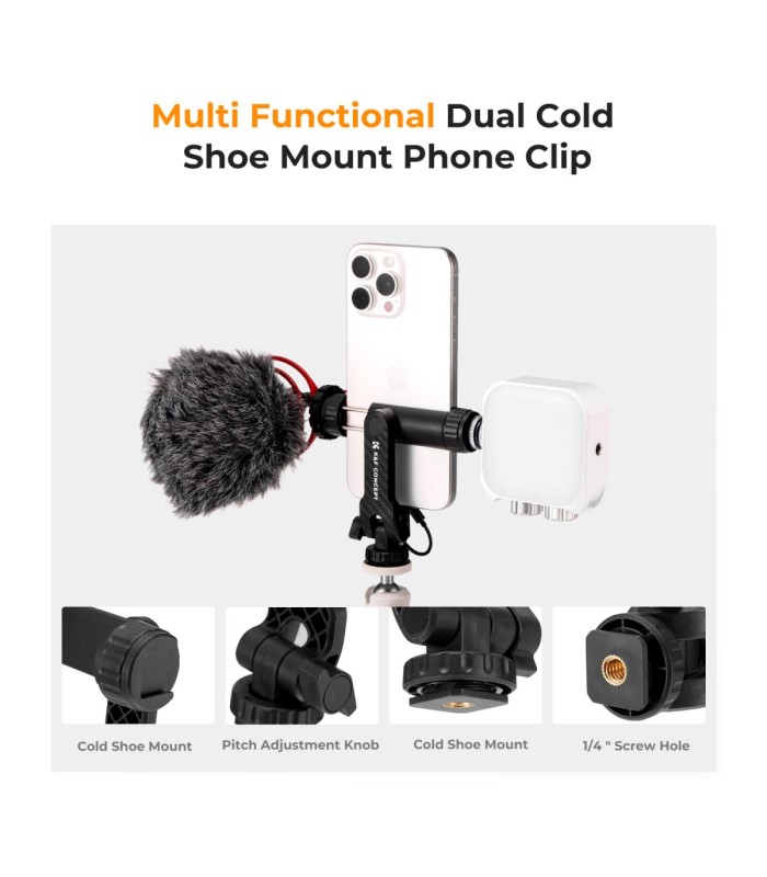 گیره موبایل برای سه پایه و دوربین کی اند اف | K&F Cell Phone Holder Clamp With Two Cold Shoe Mount 360° Adjustment