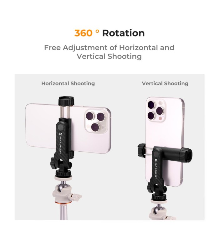 گیره موبایل برای سه پایه و دوربین کی اند اف | K&F Cell Phone Holder Clamp With Two Cold Shoe Mount 360° Adjustment