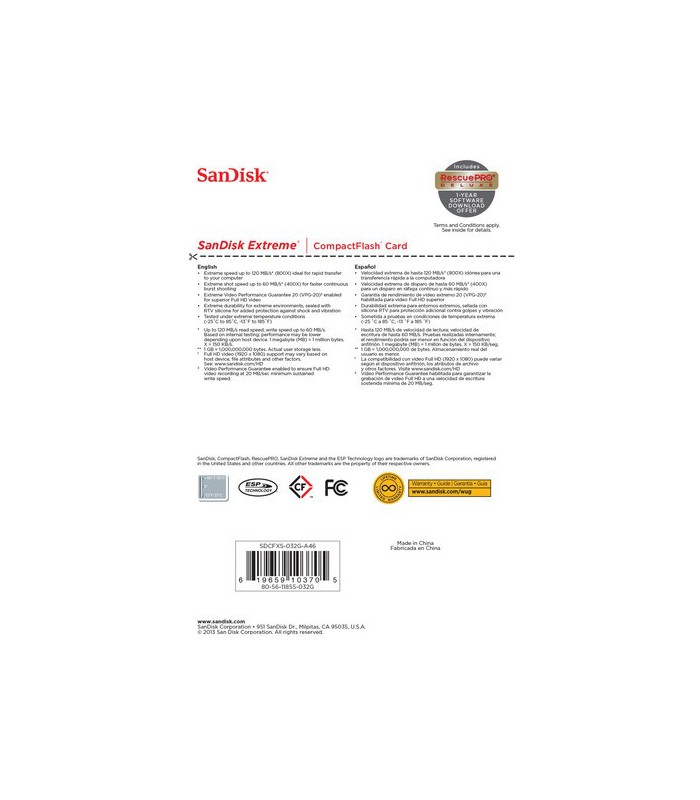 Sandisk 32GB Extreme Compact Flash 800X - SDCFXSB-032G