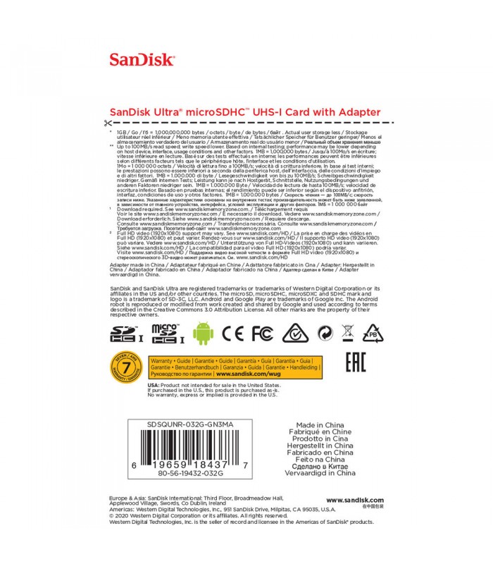 کارت حافظه سن‌دیسک مدل SanDisk 32GB Ultra microSDXC UHS-I 100mb/s
