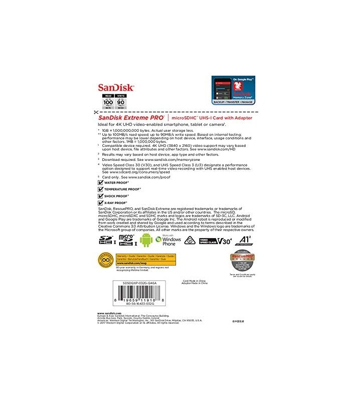 کارت حافظه سن‌دیسک مدل SanDisk 32GB Extreme PRO microSDHC UHS-I 100mb/s