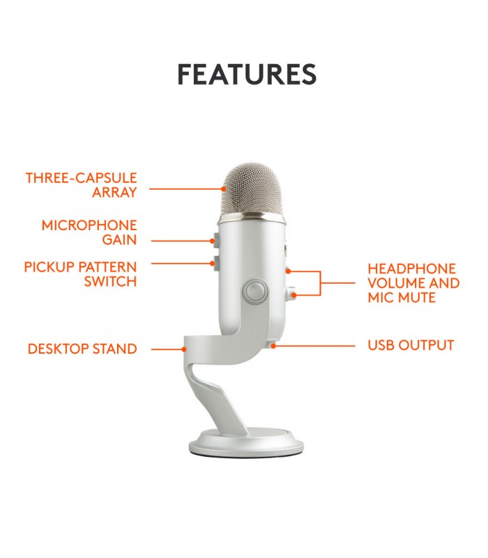 میکروفون کاندنسر مولتی پترن بلو مدل Blue Yeti رنگ نقره‌ای