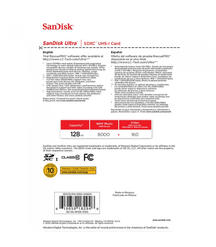 کارت حافظه ۱۲۸ گیگابایتی سن‌دیسک مدل SanDisk Ultra SDXC UHS-I - 120 MB/s