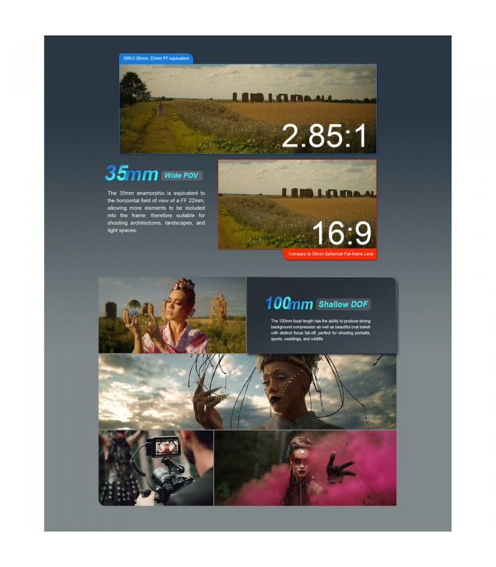 پکیج ۴ عددی لنز Sirui مدل T2.9 1.6x Full-Frame Anamorphic مانت E سونی (۳۵، ۵۰، ۷۵ و ۱۰۰ میلی‌متری)