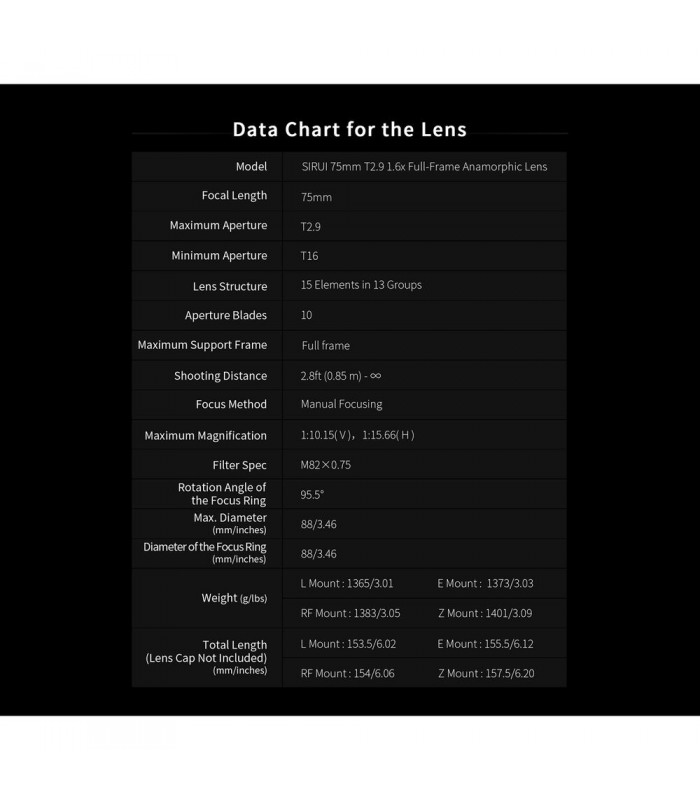 لنز Sirui 75mm T2.9 Full Frame 1.6x Anamorphic مانت E سونی