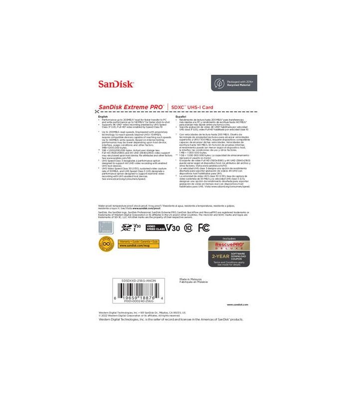 کارت حافظه سن دیسک مدل Extreme PRO SDXC UHS-I ظرفیت ۲۵۶ گیگابایت - 200MB/s