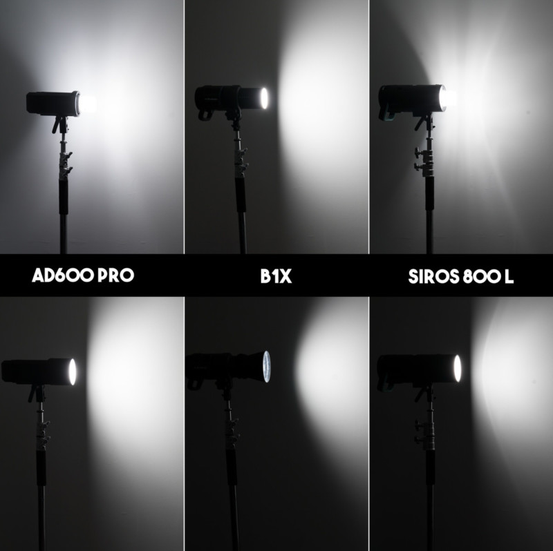 مقایسه پخش نور فلاش‌های Profoto B1X و Godox AD600 Pro ،Broncolor Siros 800 L