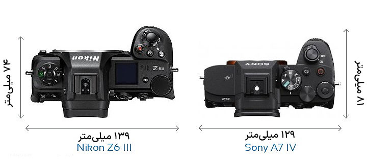مقایسه مشخصات فیزیکی و ویژگی‌های بدنه Nikon Z6 III و Sony A7 IV از نمای بالا