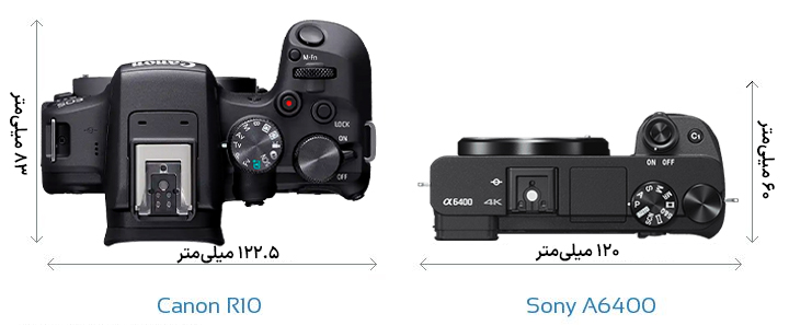 مقایسه مشخصات فیزیکی و ویژگیهای بدنه Canon R10 و Sony A6400 از بالا